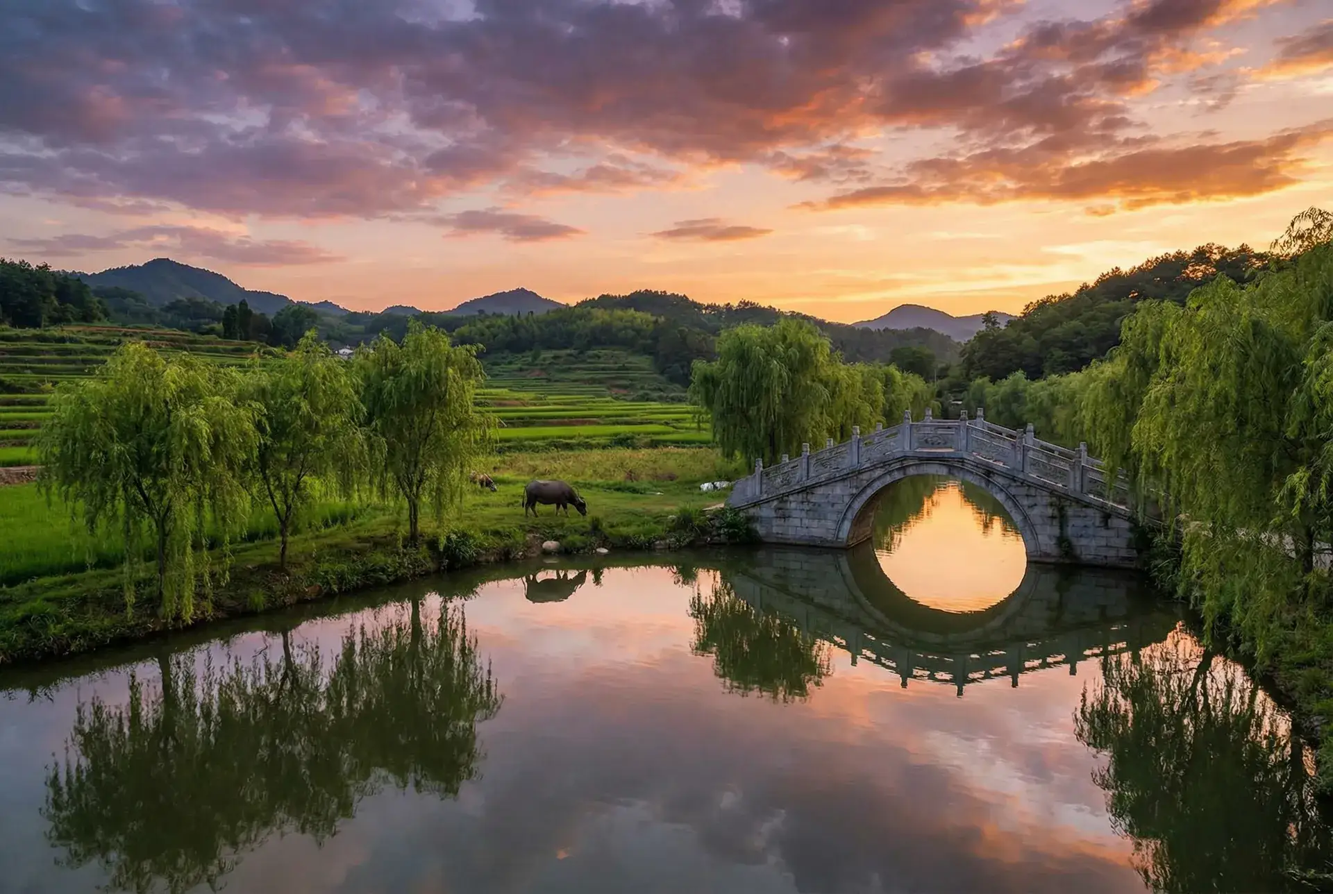 夕阳下的石拱桥与垂柳，水牛在河边吃草 - 小蜜桃第一季 乡村美景